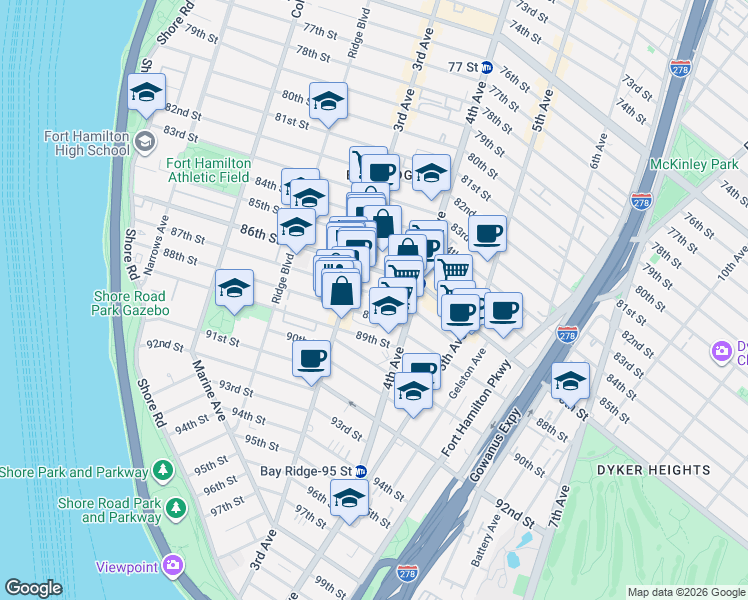 map of restaurants, bars, coffee shops, grocery stores, and more near 8613 3rd Avenue in Brooklyn