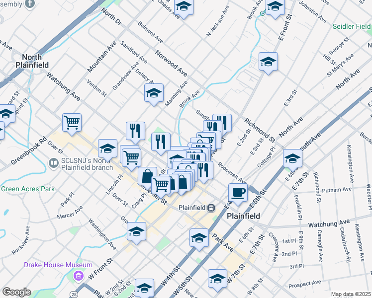 map of restaurants, bars, coffee shops, grocery stores, and more near 52 Roosevelt Avenue in Plainfield