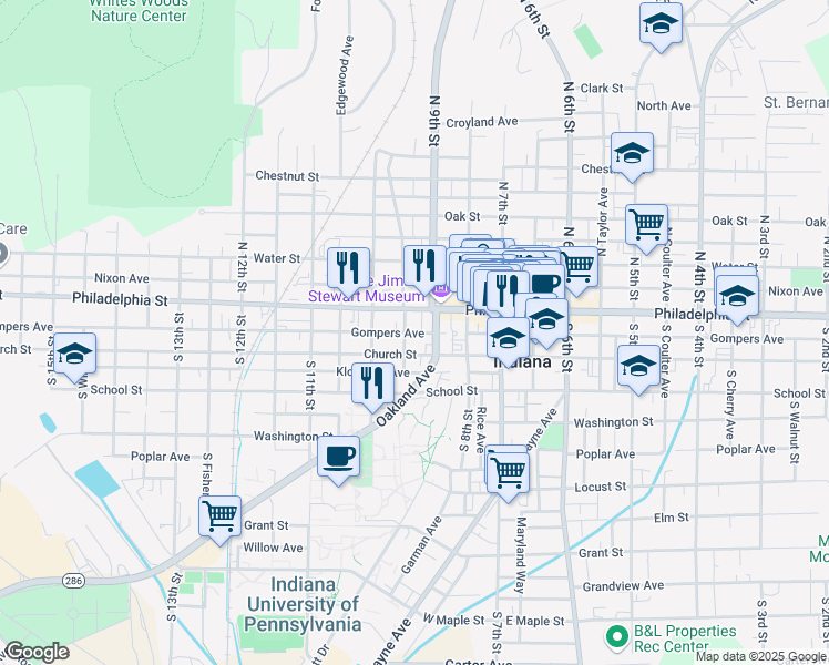 map of restaurants, bars, coffee shops, grocery stores, and more near 905 Philadelphia Street in Indiana