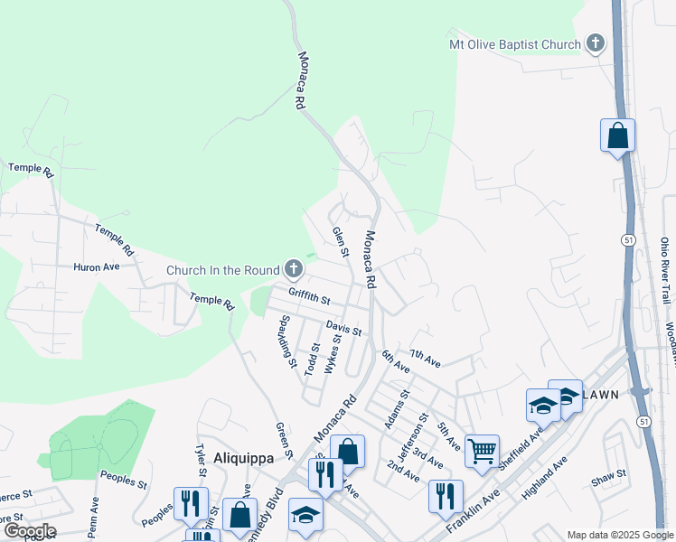 map of restaurants, bars, coffee shops, grocery stores, and more near 104 Glen Street Extension in Aliquippa