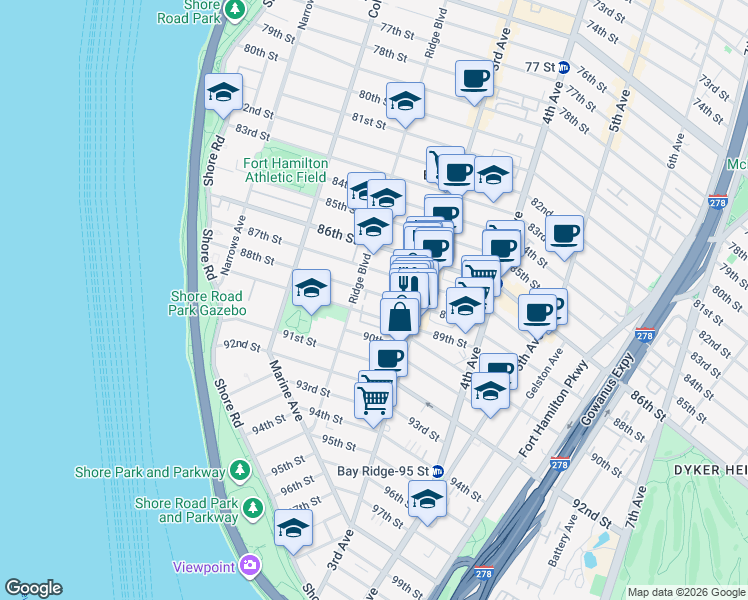 map of restaurants, bars, coffee shops, grocery stores, and more near 222 88th Street in Brooklyn