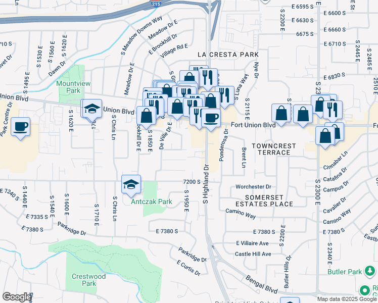 map of restaurants, bars, coffee shops, grocery stores, and more near 7092 Highland Drive in Cottonwood Heights