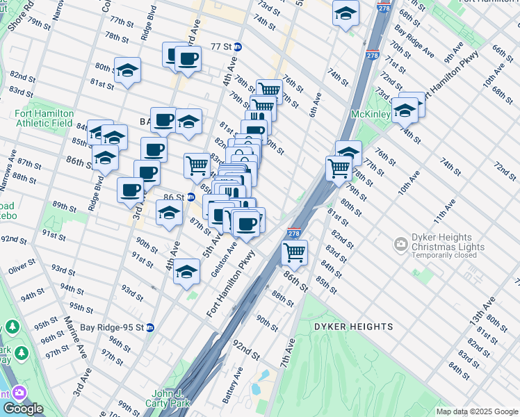 map of restaurants, bars, coffee shops, grocery stores, and more near 543 84th Street in Brooklyn