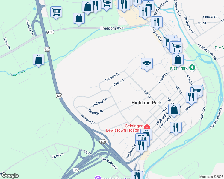 map of restaurants, bars, coffee shops, grocery stores, and more near 251 Cider Lane in Lewistown