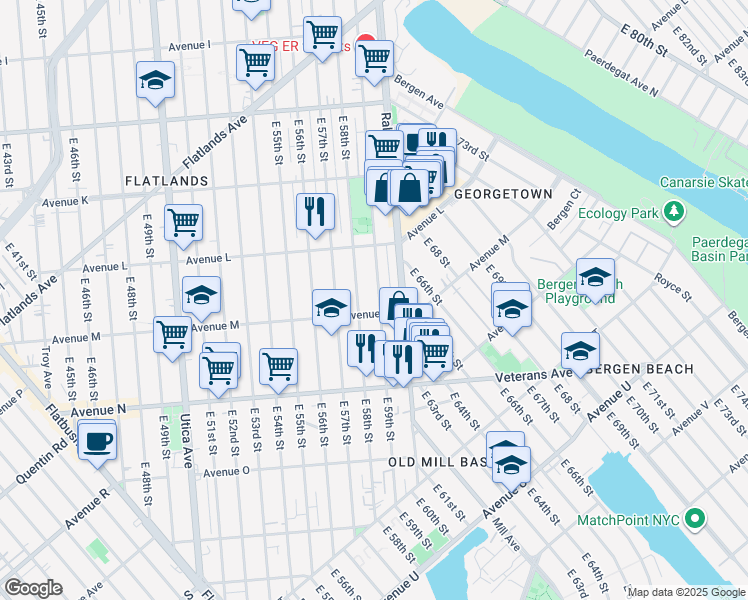 map of restaurants, bars, coffee shops, grocery stores, and more near 1274 East 59th Street in Brooklyn