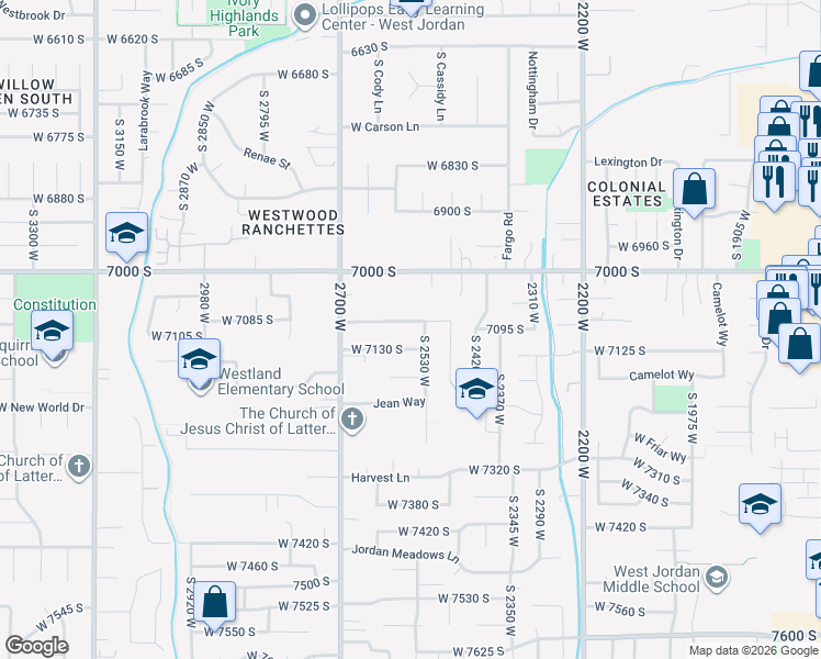 map of restaurants, bars, coffee shops, grocery stores, and more near 2578 Beverly Glen Avenue in West Jordan