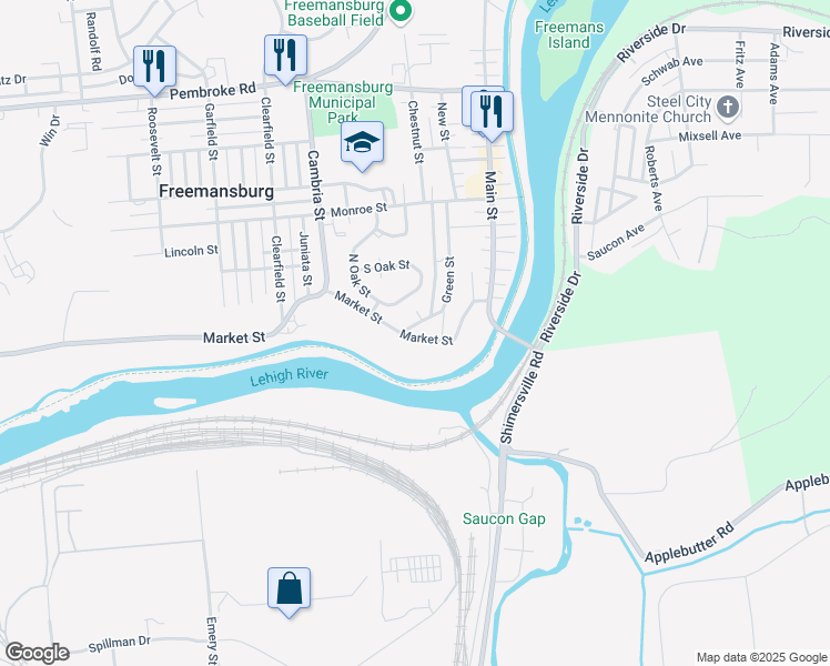 map of restaurants, bars, coffee shops, grocery stores, and more near 145 Market Street in Freemansburg