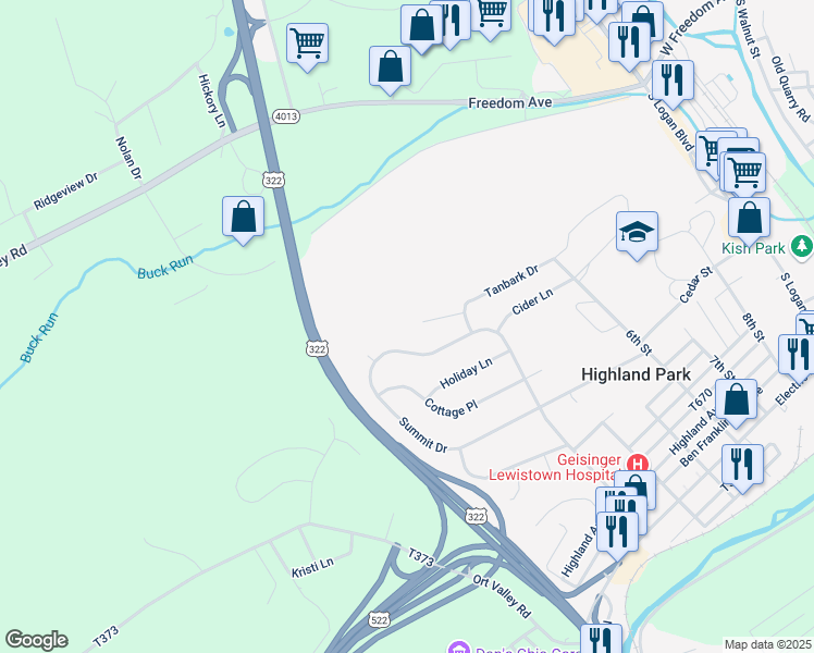 map of restaurants, bars, coffee shops, grocery stores, and more near 32 Redbud Lane in Lewistown