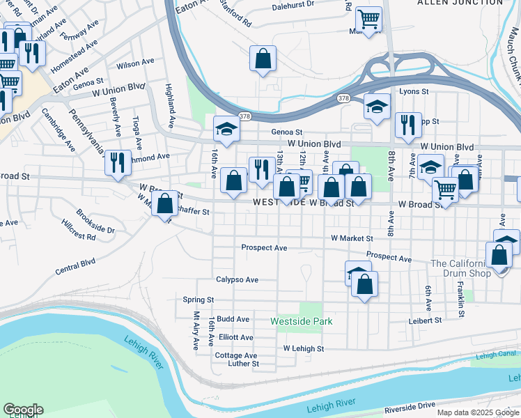 map of restaurants, bars, coffee shops, grocery stores, and more near 1429 West Broad Street in Bethlehem