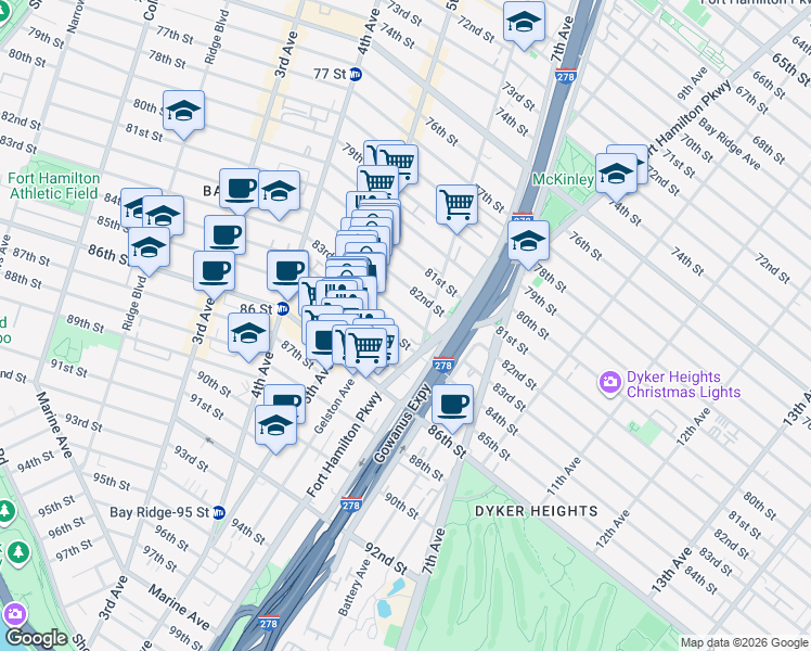 map of restaurants, bars, coffee shops, grocery stores, and more near 568 83rd Street in Brooklyn