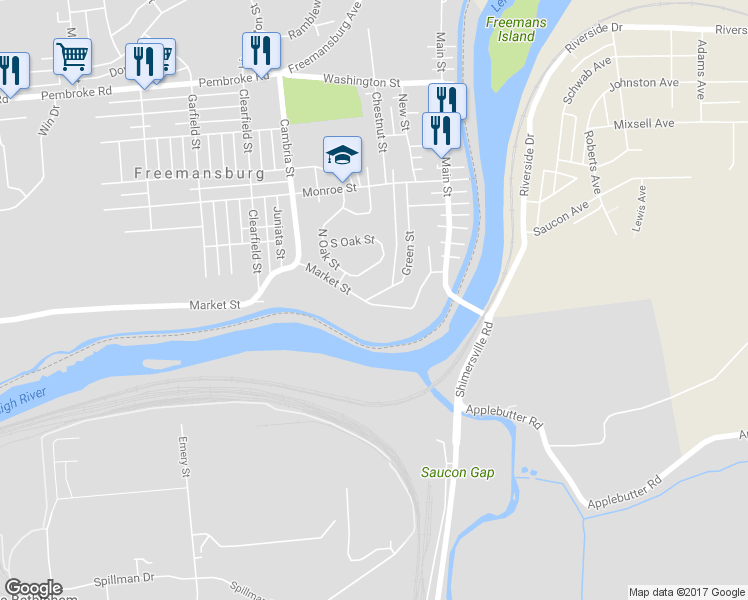 map of restaurants, bars, coffee shops, grocery stores, and more near 145 Market Street in Freemansburg