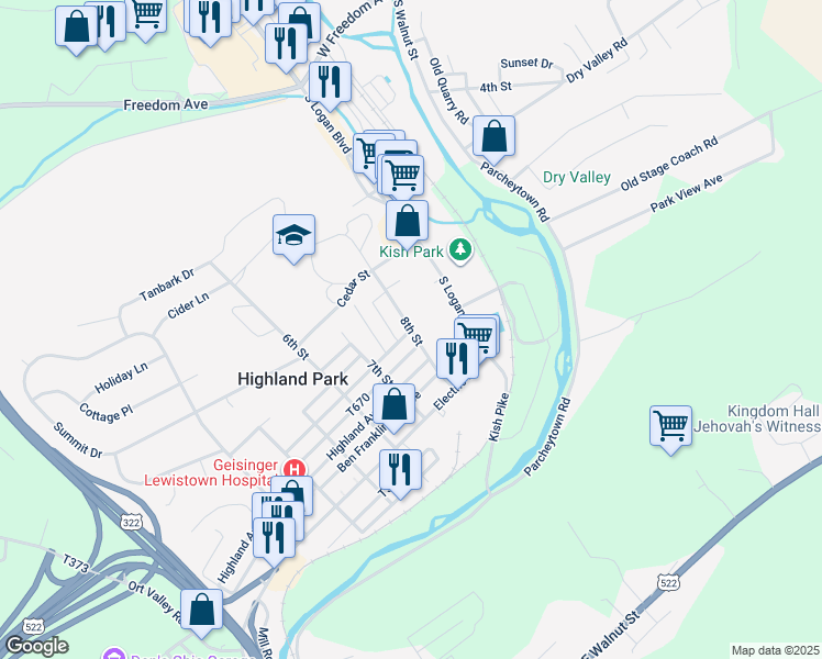 map of restaurants, bars, coffee shops, grocery stores, and more near 8th Street in Highland Park