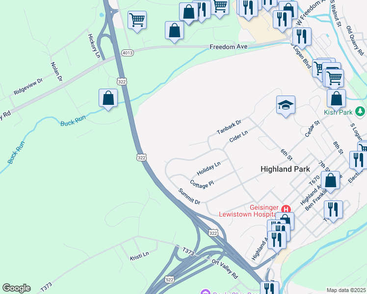 map of restaurants, bars, coffee shops, grocery stores, and more near 32 Redbud Lane in Lewistown