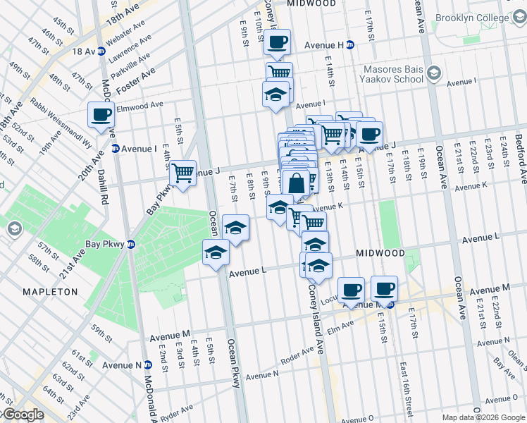 map of restaurants, bars, coffee shops, grocery stores, and more near 1069 East 9th Street in Brooklyn