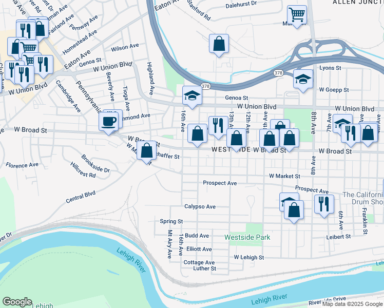map of restaurants, bars, coffee shops, grocery stores, and more near 1608 West Broad Street in Bethlehem