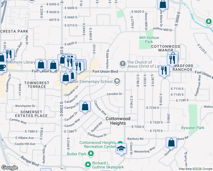 map of restaurants, bars, coffee shops, grocery stores, and more near 2576 Campus Drive in Cottonwood Heights
