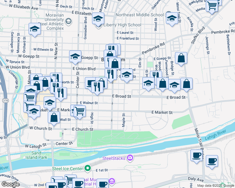 map of restaurants, bars, coffee shops, grocery stores, and more near 317 East Broad Street in Bethlehem