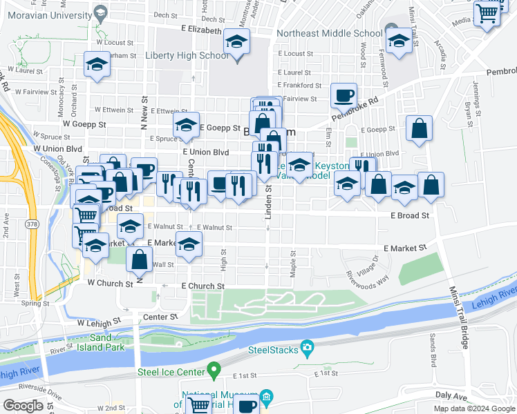 map of restaurants, bars, coffee shops, grocery stores, and more near 253 East Broad Street in Bethlehem