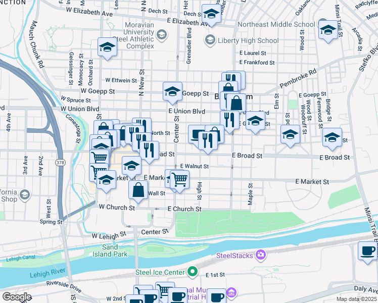 map of restaurants, bars, coffee shops, grocery stores, and more near 127 East Broad Street in Bethlehem