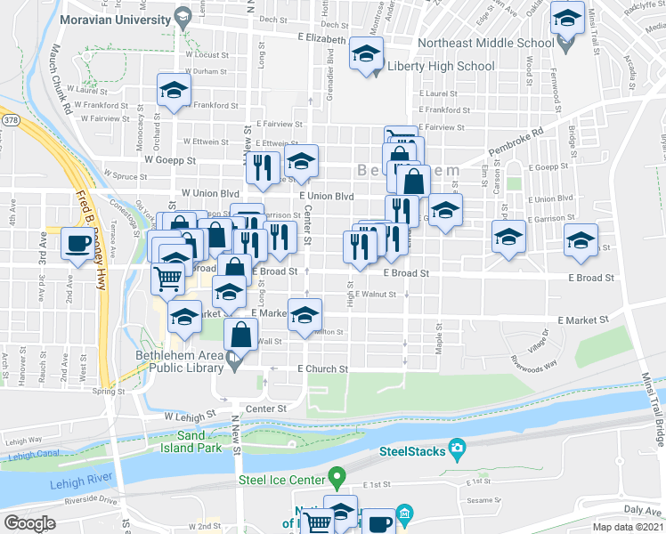 map of restaurants, bars, coffee shops, grocery stores, and more near 131 East Broad Street in Bethlehem