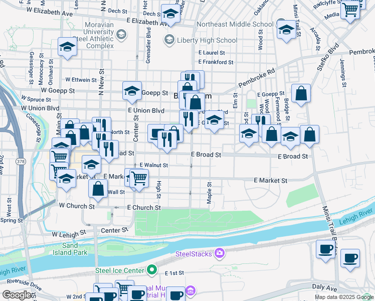 map of restaurants, bars, coffee shops, grocery stores, and more near 261 East Broad Street in Bethlehem