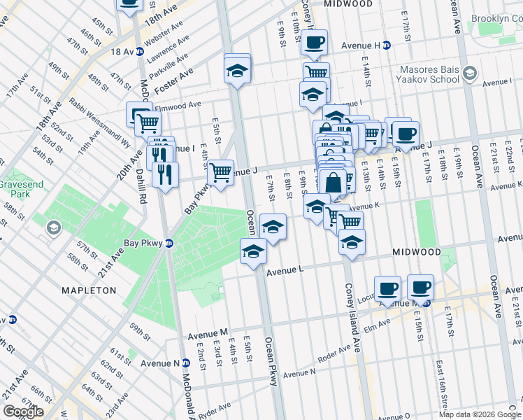 map of restaurants, bars, coffee shops, grocery stores, and more near 1053 Ocean Parkway in Brooklyn