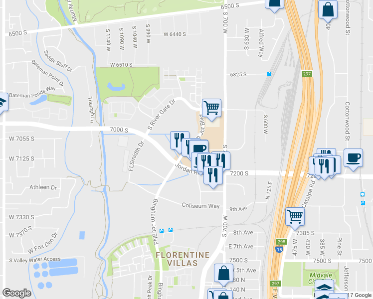 map of restaurants, bars, coffee shops, grocery stores, and more near 7205 Bingham Junction Boulevard in Midvale