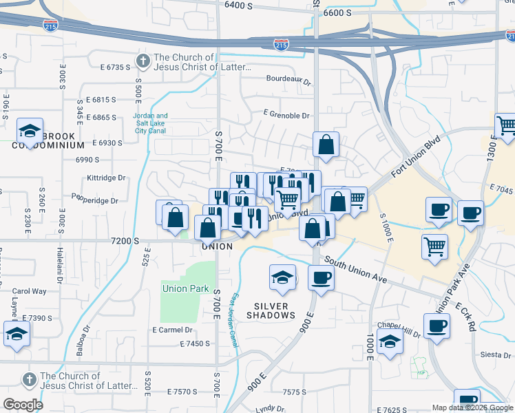 map of restaurants, bars, coffee shops, grocery stores, and more near 762 East Gables Lane in Midvale