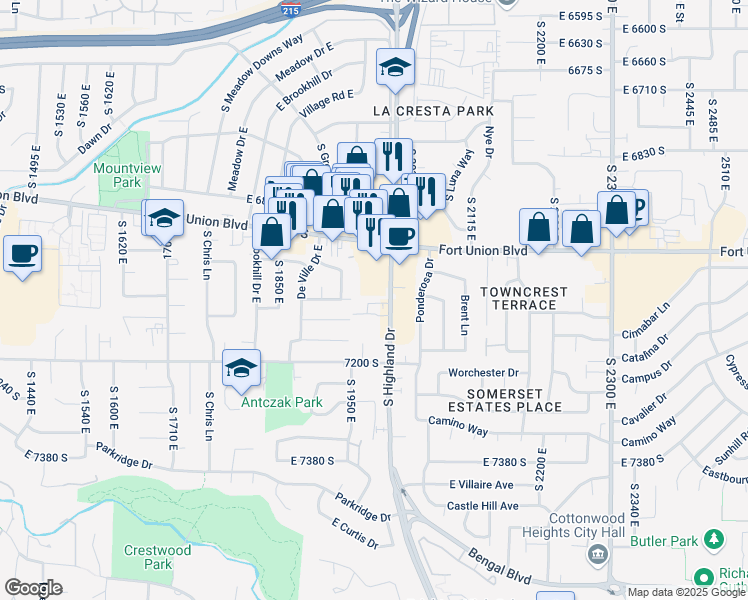 map of restaurants, bars, coffee shops, grocery stores, and more near 7094 South Highland Drive in Cottonwood Heights