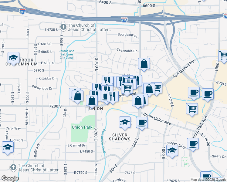 map of restaurants, bars, coffee shops, grocery stores, and more near 762 East Gables Lane in Midvale
