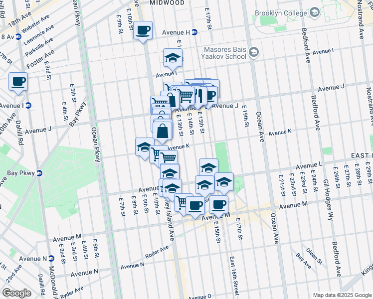 map of restaurants, bars, coffee shops, grocery stores, and more near 1086 East 14th Street in Brooklyn