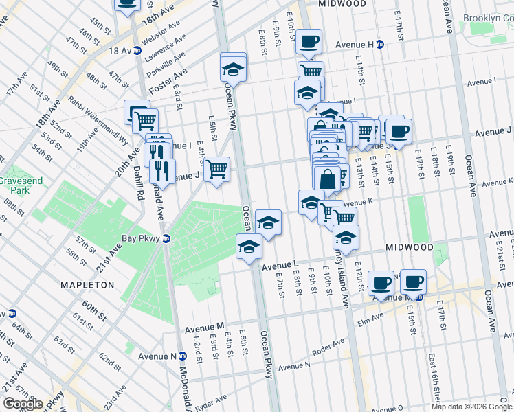map of restaurants, bars, coffee shops, grocery stores, and more near 1053 Ocean Parkway in Brooklyn