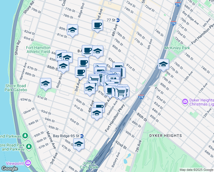 map of restaurants, bars, coffee shops, grocery stores, and more near 451 85th Street in Brooklyn