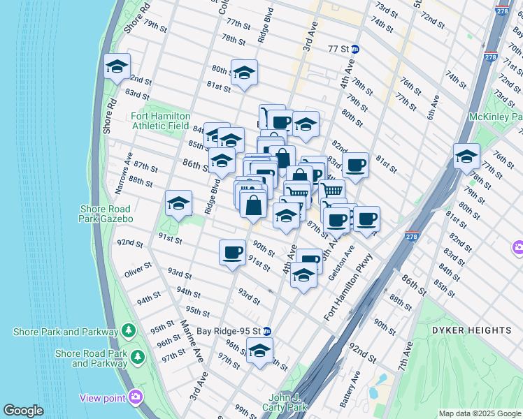 map of restaurants, bars, coffee shops, grocery stores, and more near 8613 3rd Avenue in Brooklyn