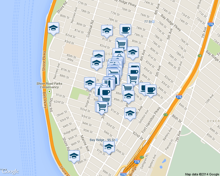 map of restaurants, bars, coffee shops, grocery stores, and more near 248 87th Street in Brooklyn