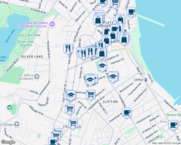 map of restaurants, bars, coffee shops, grocery stores, and more near 195 Gordon Street in Staten Island