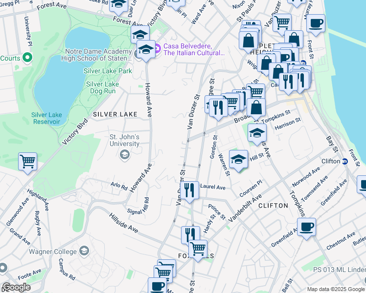 map of restaurants, bars, coffee shops, grocery stores, and more near 321 Broad Street in Staten Island