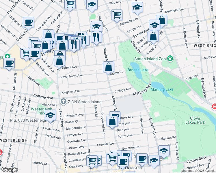 map of restaurants, bars, coffee shops, grocery stores, and more near 56 Benedict Avenue in Staten Island