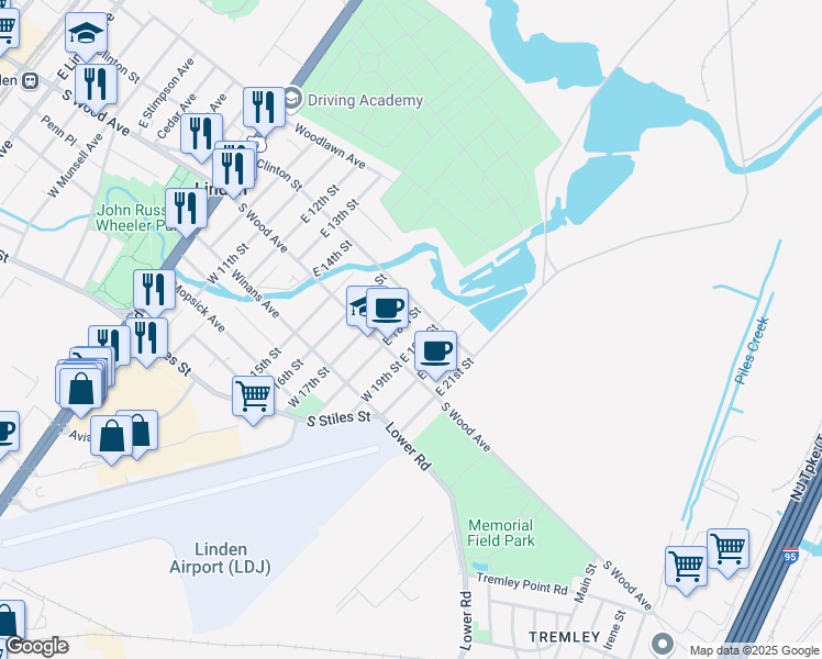 map of restaurants, bars, coffee shops, grocery stores, and more near 40 East 17th Street in Linden