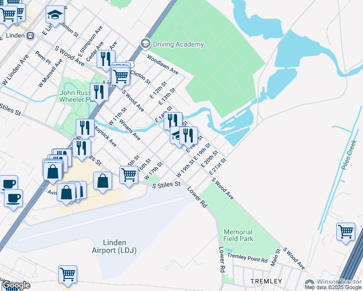 map of restaurants, bars, coffee shops, grocery stores, and more near 1601 South Wood Avenue in Linden