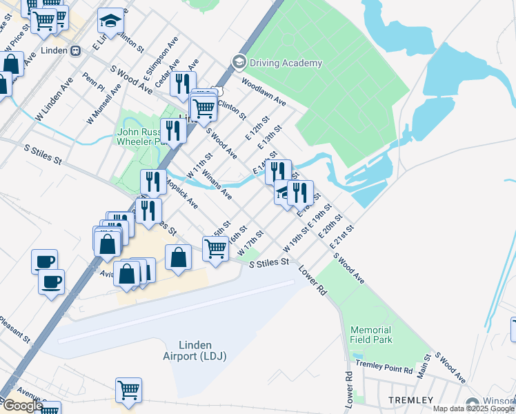 map of restaurants, bars, coffee shops, grocery stores, and more near 15 West 15th Street in Linden