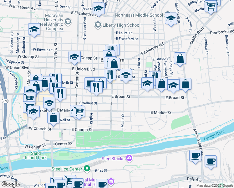 map of restaurants, bars, coffee shops, grocery stores, and more near 626 Linden Street in Bethlehem