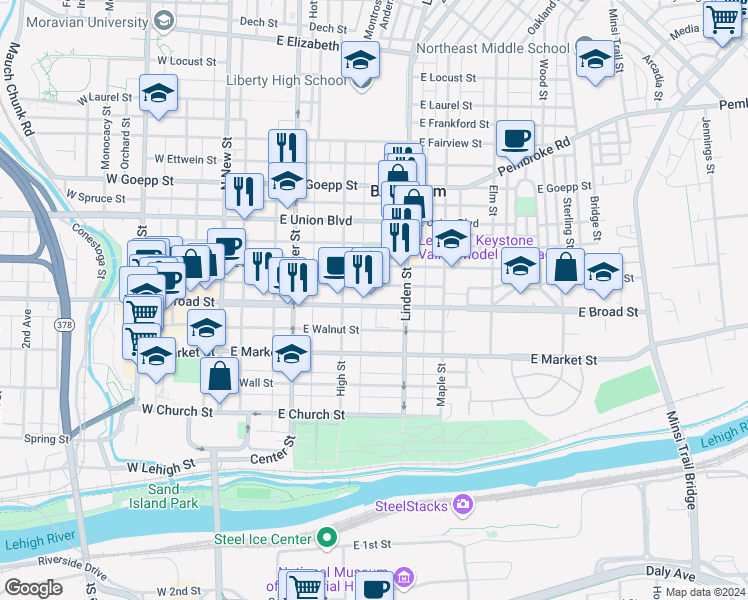map of restaurants, bars, coffee shops, grocery stores, and more near 229 East Raspberry Street in Bethlehem