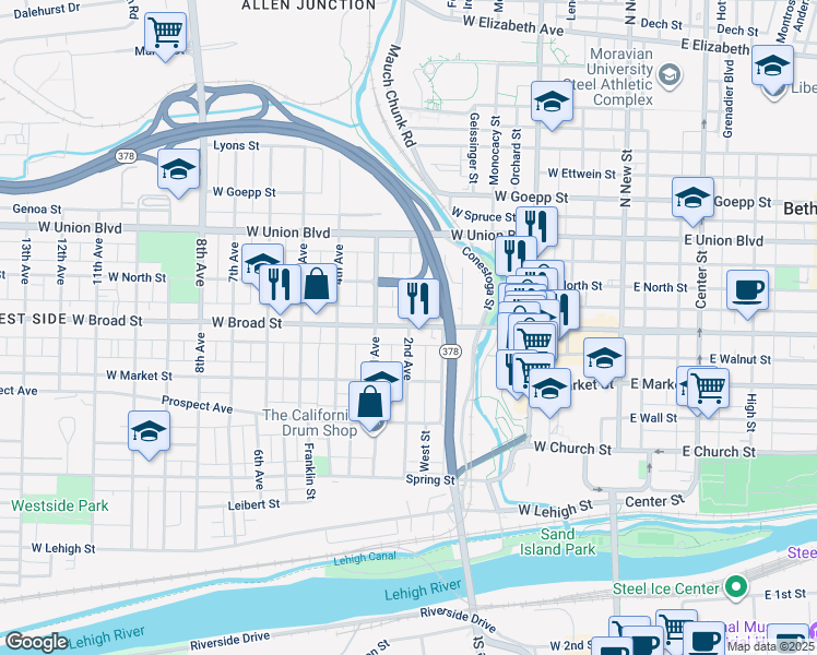 map of restaurants, bars, coffee shops, grocery stores, and more near in Bethlehem