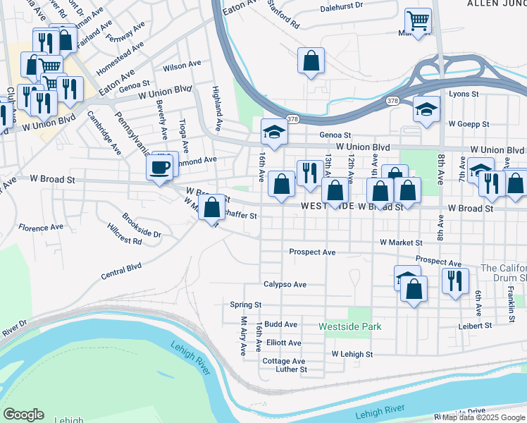 map of restaurants, bars, coffee shops, grocery stores, and more near 1712 West Broad Street in Bethlehem