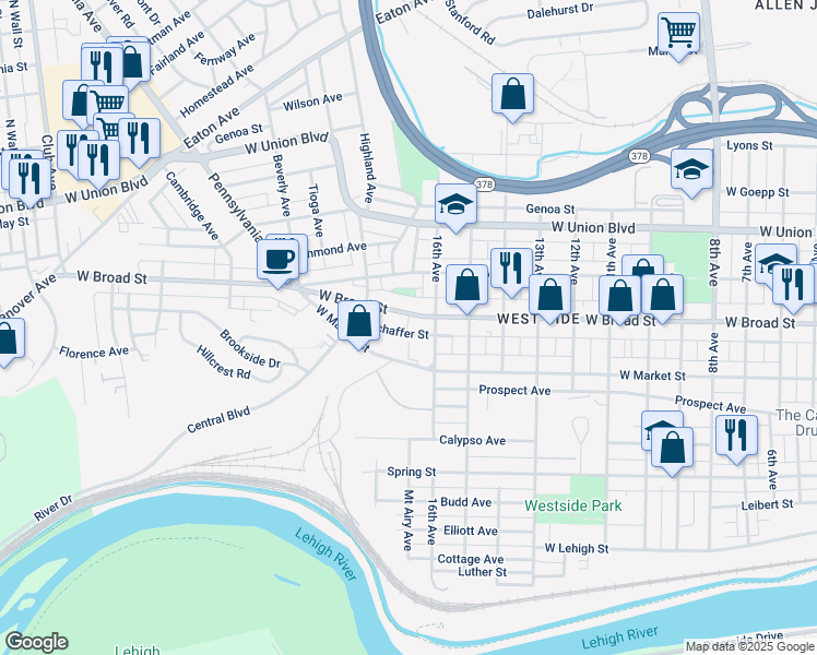 map of restaurants, bars, coffee shops, grocery stores, and more near 1712 West Broad Street in Bethlehem