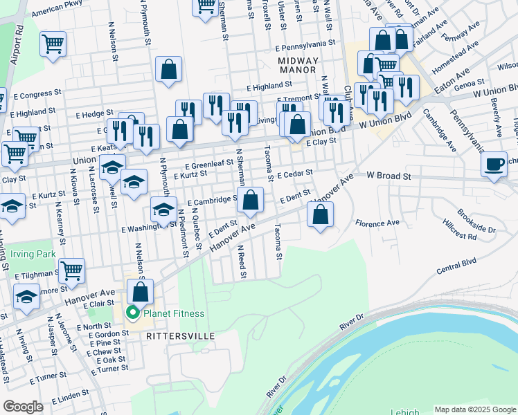 map of restaurants, bars, coffee shops, grocery stores, and more near 828 Tacoma Street in Allentown
