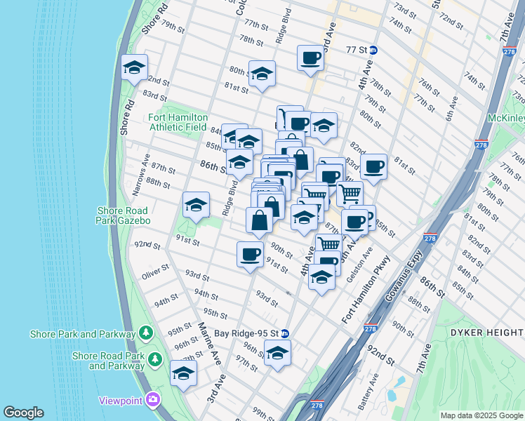 map of restaurants, bars, coffee shops, grocery stores, and more near 265 88th Street in Brooklyn