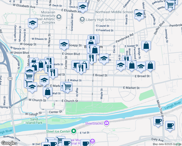 map of restaurants, bars, coffee shops, grocery stores, and more near 261 East Broad Street in Bethlehem