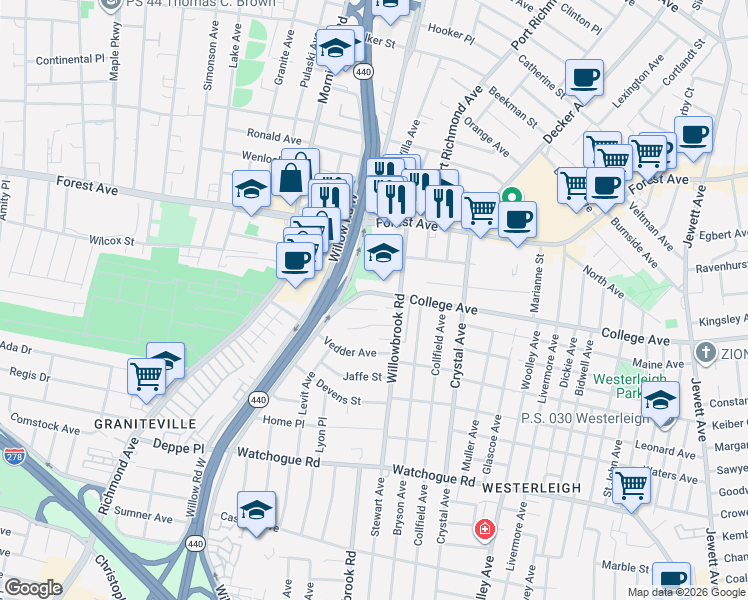 map of restaurants, bars, coffee shops, grocery stores, and more near 20 Houston Street in Staten Island